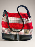 Red Plaid Shoulder Bag with Faux Leather Trim