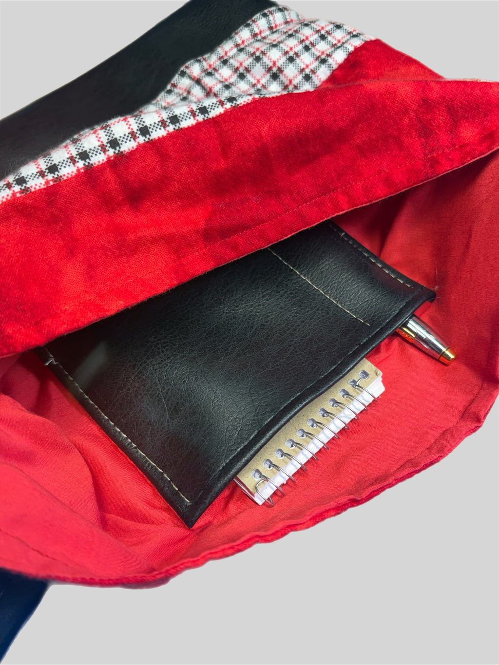 Red Plaid Shoulder Bag with Faux Leather Trim