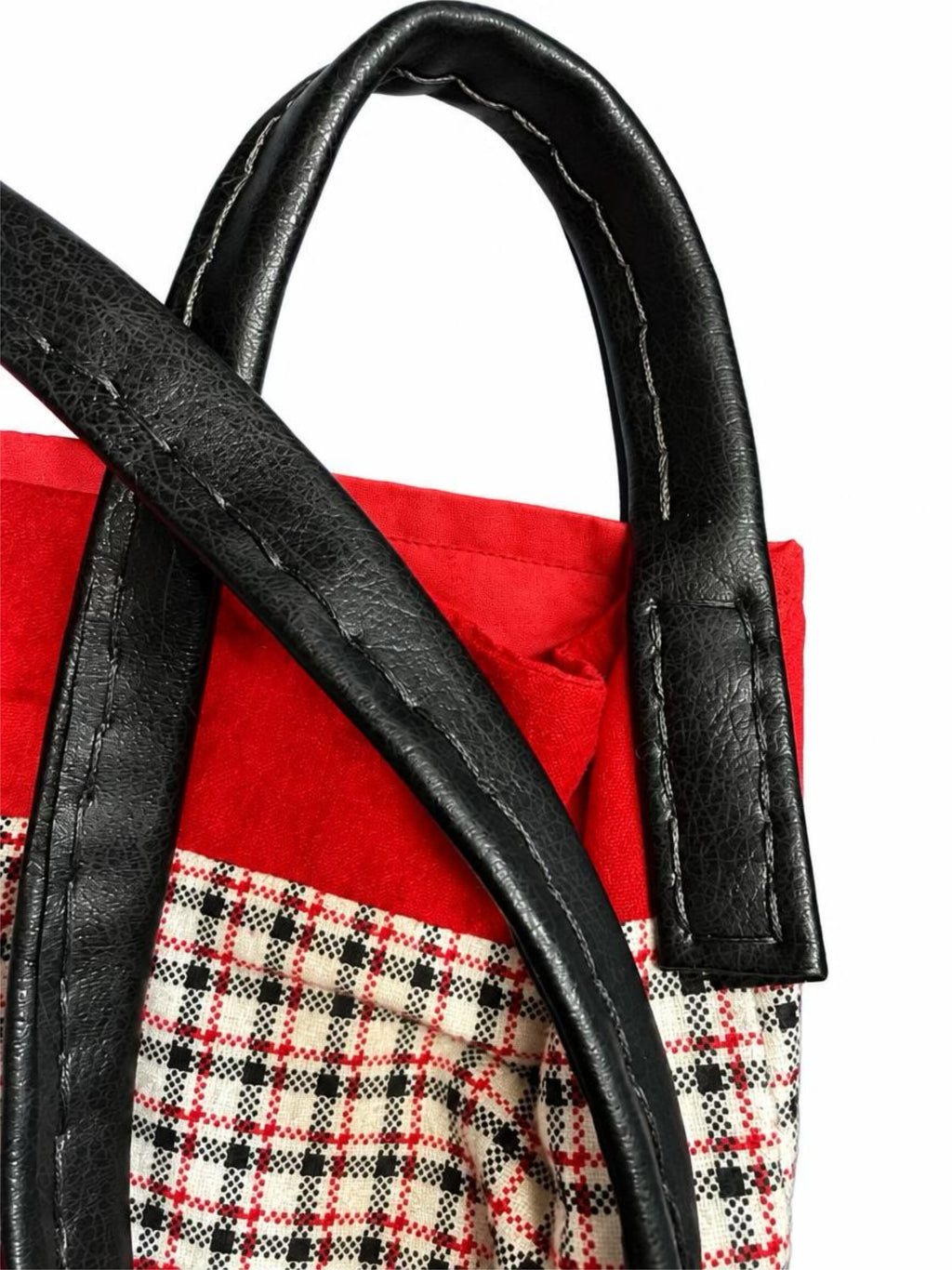 Red Plaid Shoulder Bag with Faux Leather Trim